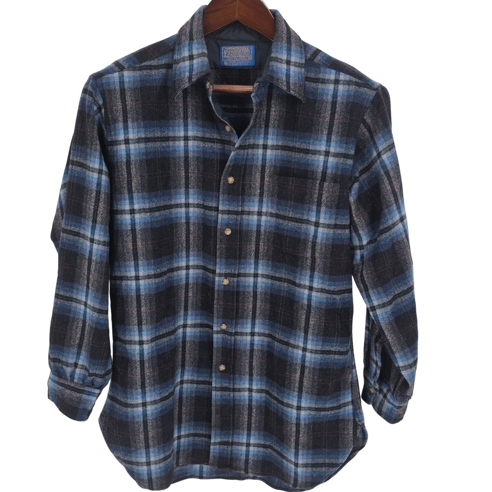 Pendleton Mens Blue Black Plaid Wool Flannel Shirt Made in USA Size M